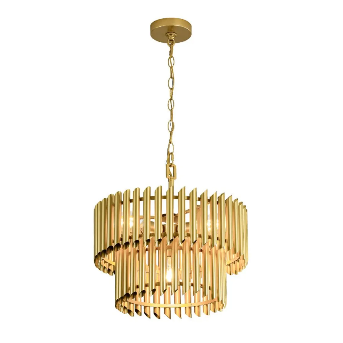 French Luxury Gold 2-Tier Metal Drum Cage Chandelier