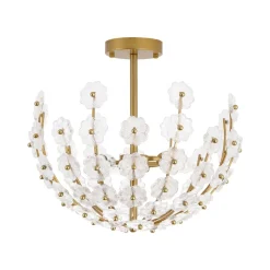 French Sculpture Brass Bloom Glass Floral Semi Flush Mount