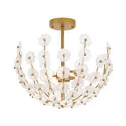 French Sculpture Brass Bloom Glass Floral Semi Flush Mount