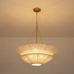 French 2-Tier Beige Woven Thread Cone Round Cage Chandelier