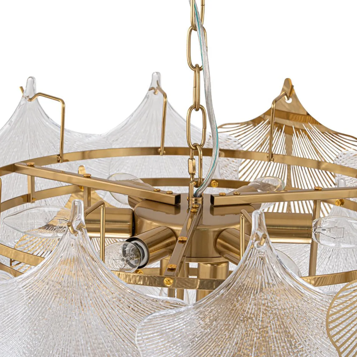 French Tiered Ginkgo Leaf Textured Glass Round Chandelier