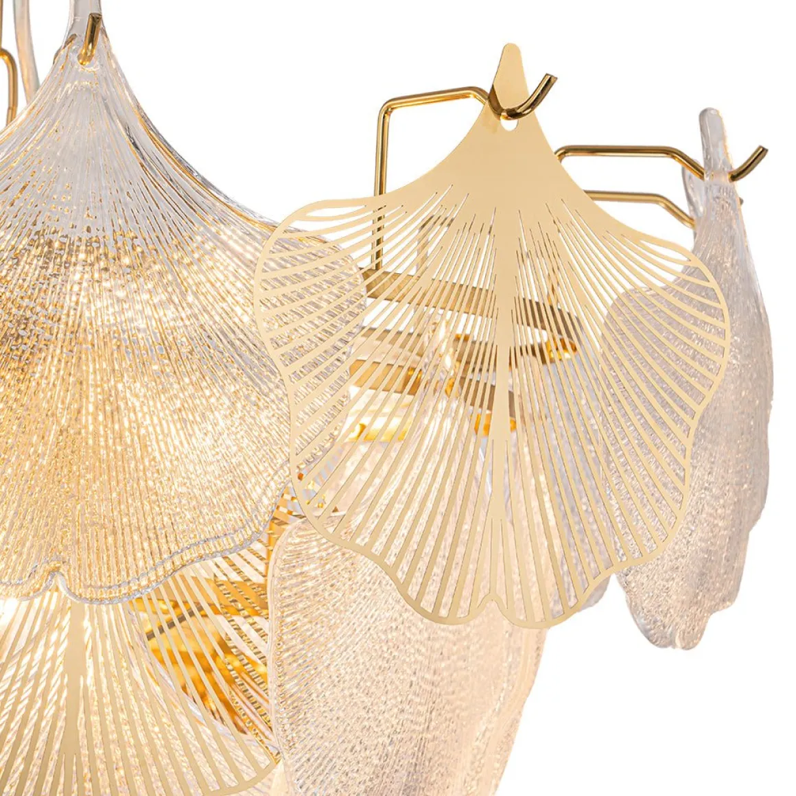 French Tiered Ginkgo Leaf Textured Glass Round Chandelier