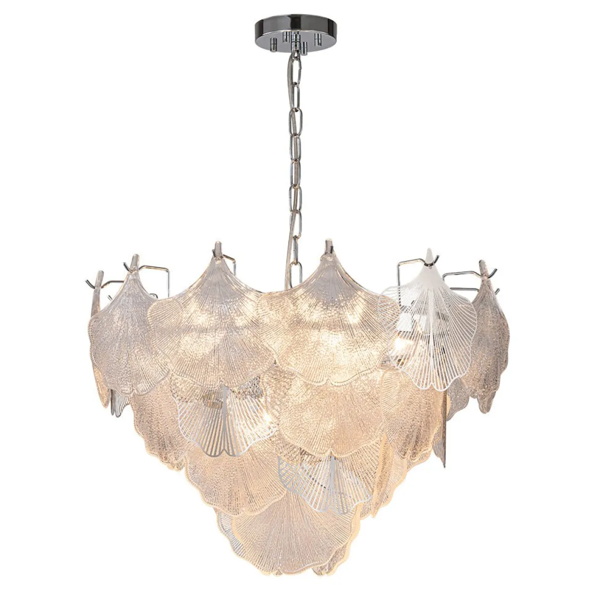 French Tiered Ginkgo Leaf Textured Glass Round Chandelier