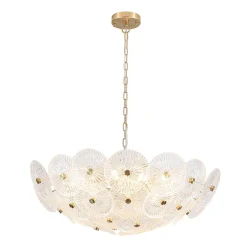 Glam Brass Ribbed Glass Floral Round Basket Chandelier