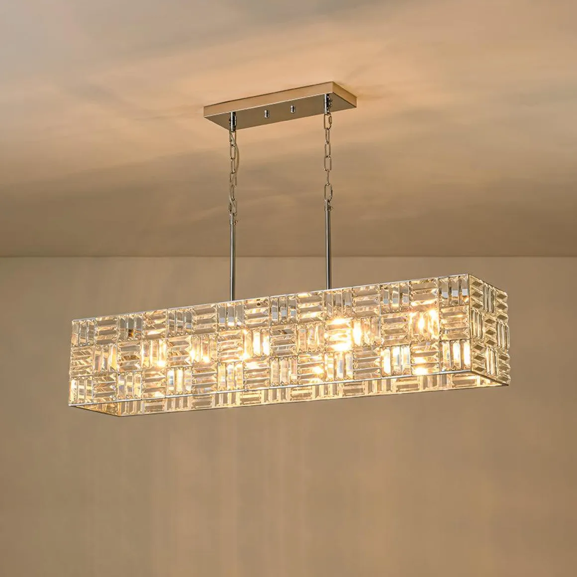 Glam Chrome Dazzle Crystal Rectangle Cage Island Chandelier