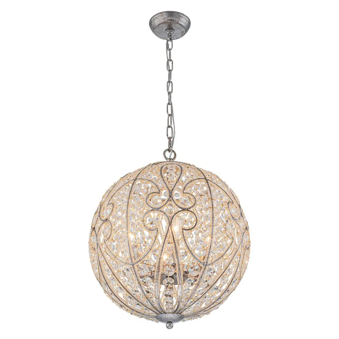 Glam Shabby Chic Crystal Globe Chandelier Distressed Silver