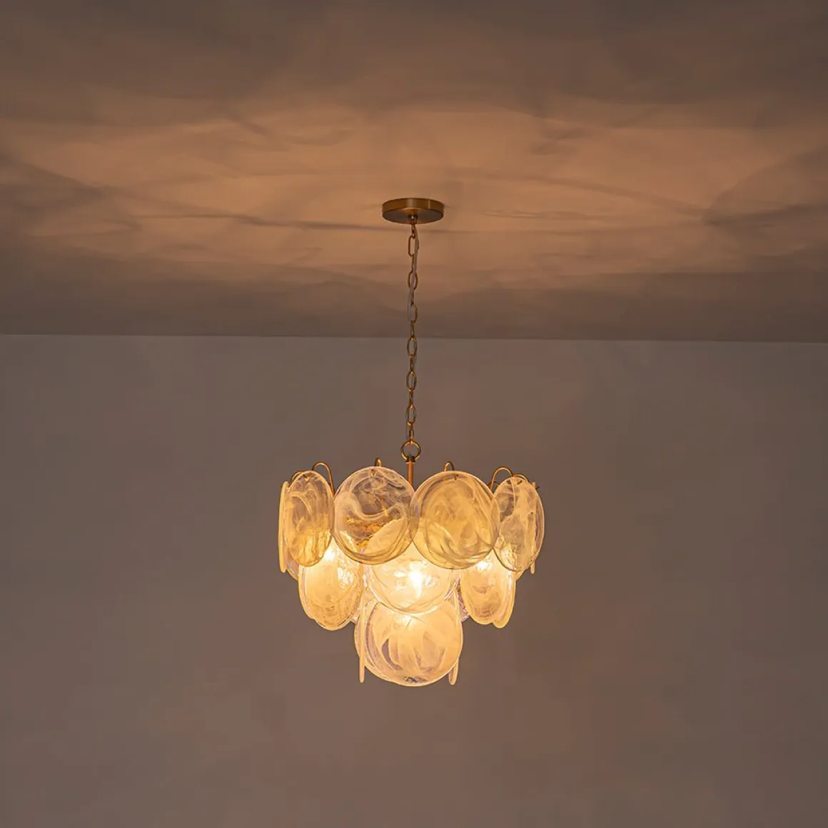 Glam White Iridescent Swirl Glass Round Tiered Chandelier