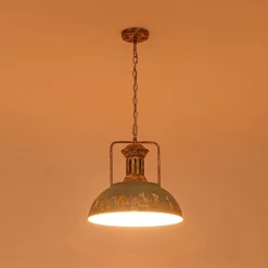 Industrial Farmhouse Distressed Teal Gold Metal Dome Pendant