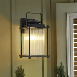 IP23 Black Ribbed Glass Square Outdoor Wall Lantern
