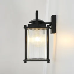 IP23 Black Ribbed Glass Square Outdoor Wall Lantern