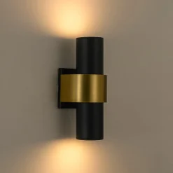 IP54 2-Light Black Brass Tube LED Outdoor Wall Lamp