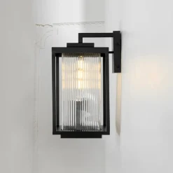 IP23 1-Light Black Ribbed Glass Outdoor Wall Lantern