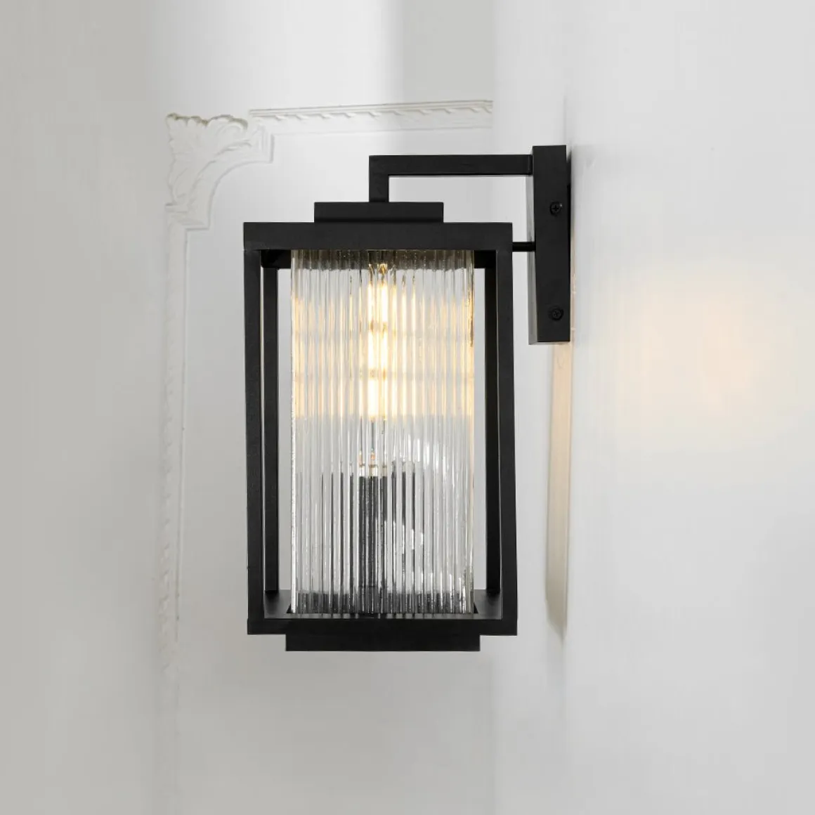 IP23 1-Light Black Ribbed Glass Outdoor Wall Lantern