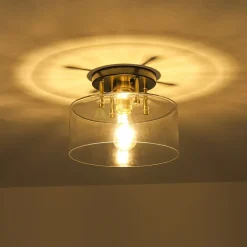 1-Light Black Brass Clear Glass Drum Semi Flush Mount