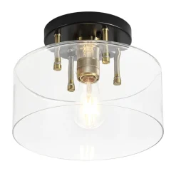 1-Light Black Brass Clear Glass Drum Semi Flush Mount