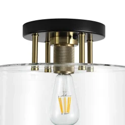 1-Light Black Brass Clear Glass Drum Semi Flush Mount