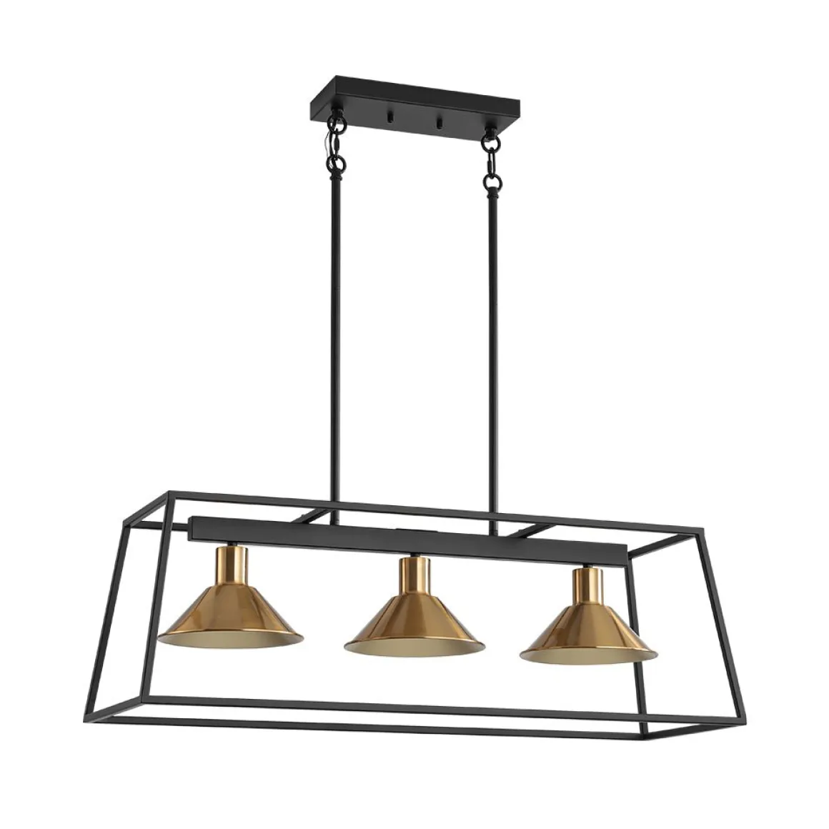 3-Light Black Brass Rectangle Cage Island Chandelier