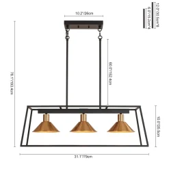 3-Light Black Brass Rectangle Cage Island Chandelier