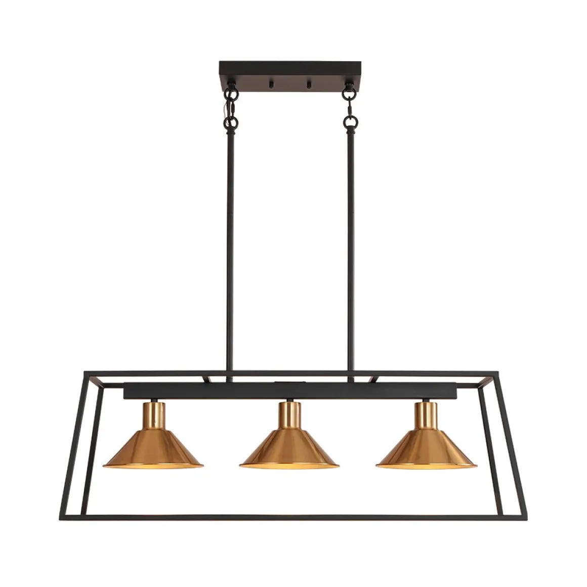 3-Light Black Brass Rectangle Cage Island Chandelier