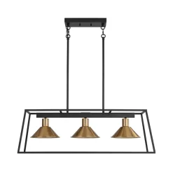 3-Light Black Brass Rectangle Cage Island Chandelier