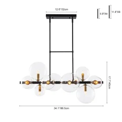 12-Light Black Brass Sputnik Glass Bubble Linear Island Pendant