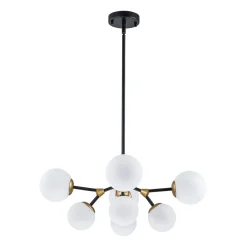8-Light Black Brass White Glass Globe Round Sputnik Chandelier