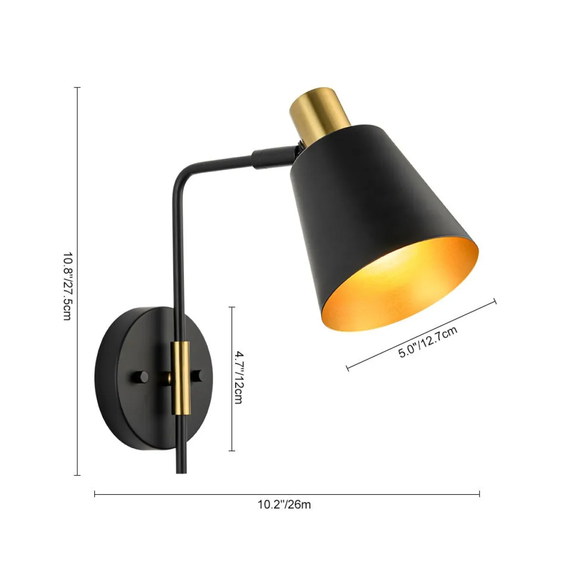 1-Light Black Gold 90-Degree Adjustable Cone Wall Lamp