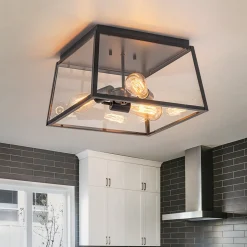 3-Light Black Square Box Clear Glass Cage Ceiling Light