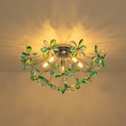 5-Light Bloom Green Blue Crystal Dandelion Semi Flush Mount