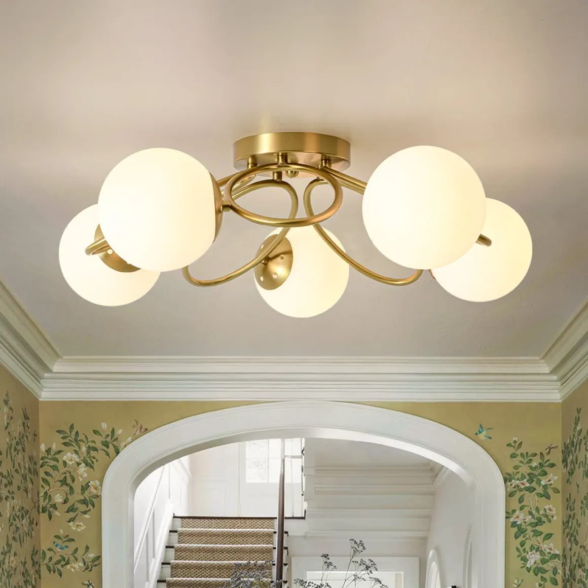 5-Light Bloom Ring Opal Glass Globe Semi Flush Mount