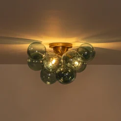 3-Light Brass Cluster Blue Glass Globe Bubble Ceiling Light