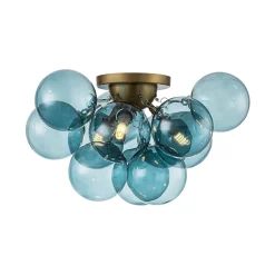 3-Light Brass Cluster Blue Glass Globe Bubble Ceiling Light