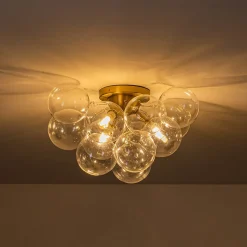 3-Light Brass Cluster Clear Glass Globe Bubble Ceiling Light