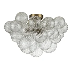 3-Light Brass Cluster Ribbed Glass Bubble Semi Flush Chandelier