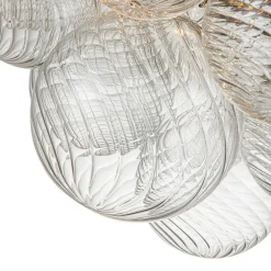 3-Light Brass Cluster Ribbed Glass Bubble Semi Flush Chandelier