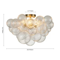 3-Light Brass Cluster Ribbed Glass Bubble Semi Flush Chandelier