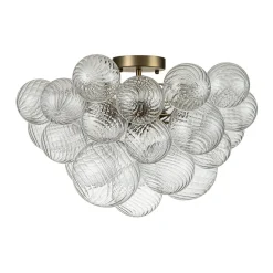 3-Light Brass Cluster Ribbed Glass Bubble Semi Flush Chandelier