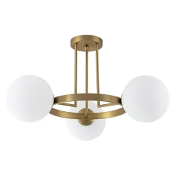 3-Light Brass Opal Glass Globe Round Ring Semi Flush Mount