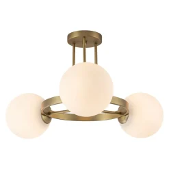 3-Light Brass Opal Glass Globe Round Ring Semi Flush Mount