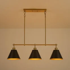 3-Light Brushed Gold Black Cone Island Chandelier
