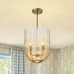 3-Light Candle Style Bell Ribbed Tinted Glass Ceiling Pendant