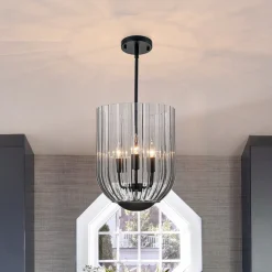 3-Light Candle Style Bell Ribbed Tinted Glass Ceiling Pendant