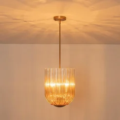 3-Light Candle Style Bell Ribbed Tinted Glass Ceiling Pendant