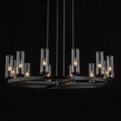 12-Light Clear Glass Shade Wagon Wheel Chandelier