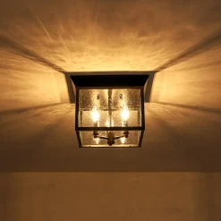 3-Light Clear Seeded Glass Black Square Cage Ceiling Light