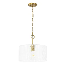 1-Light Clear Striped Glass Drum Semi Flush / Round Cage Pendant