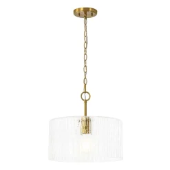 1-Light Clear Striped Glass Drum Semi Flush / Round Cage Pendant