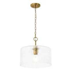 1-Light Clear Striped Glass Drum Semi Flush / Round Cage Pendant