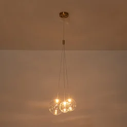 3-Light Cluster Gold Ruby Glass Globe Dimmable LED Pendant