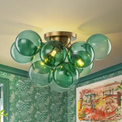 3-Light Cluster Green Tinted Glass Globe Bubble Semi Flush
